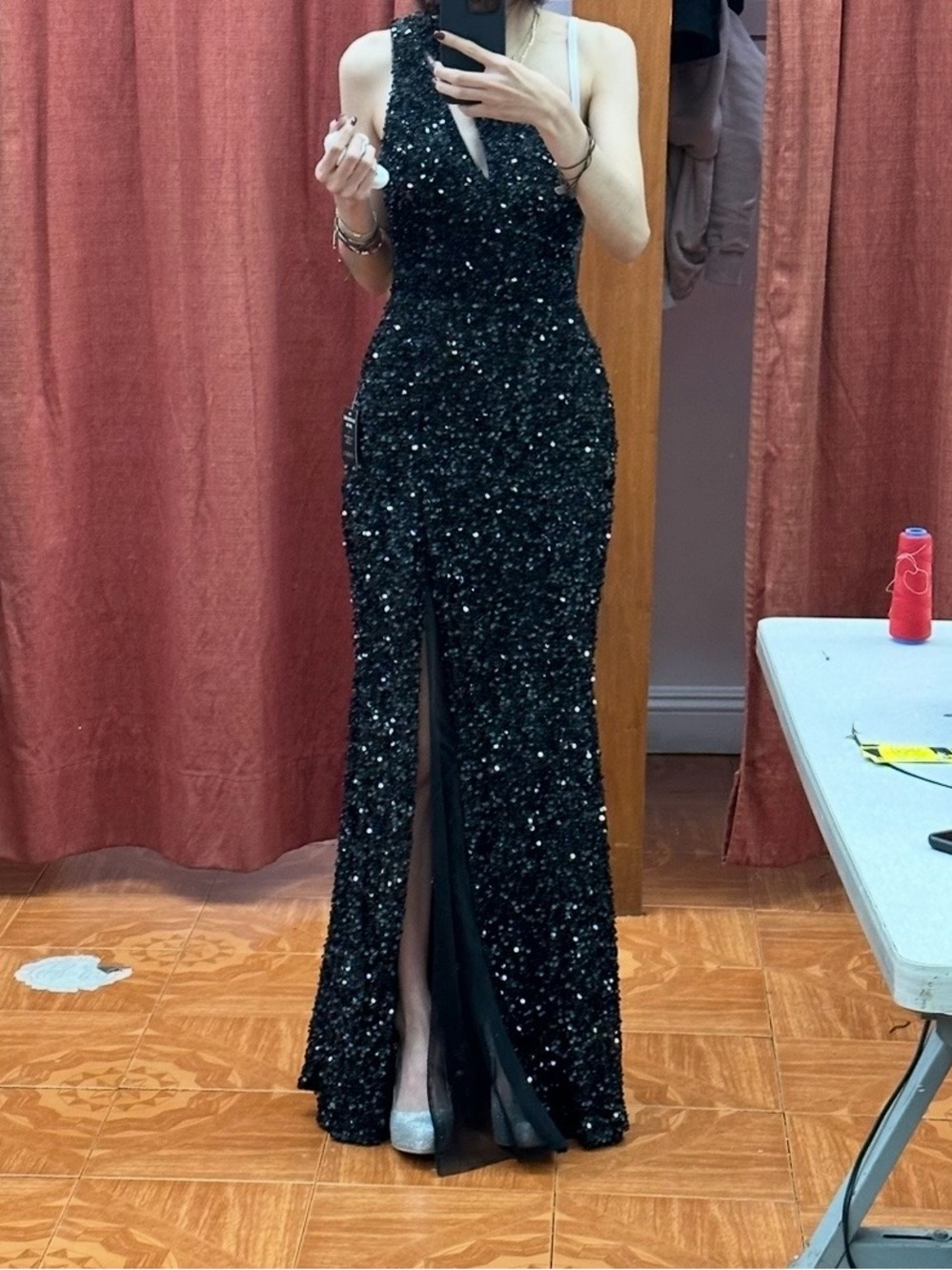 Elegant Black Sequined Gown with Front Slit